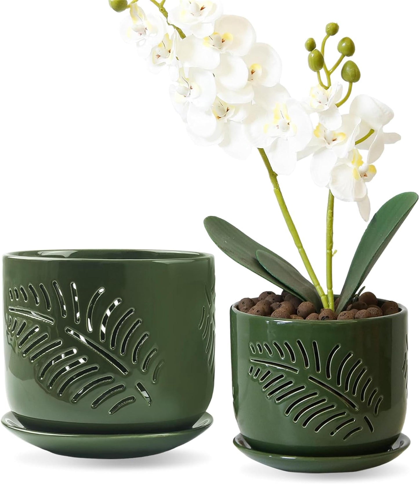 BUYMAX 5+6 inch Green Ceramic Orchid Pot with Holes, Indoor/Outdoor Plant Pot with Drainage Holes and Tray, Promotes Air Circulation and Drainage