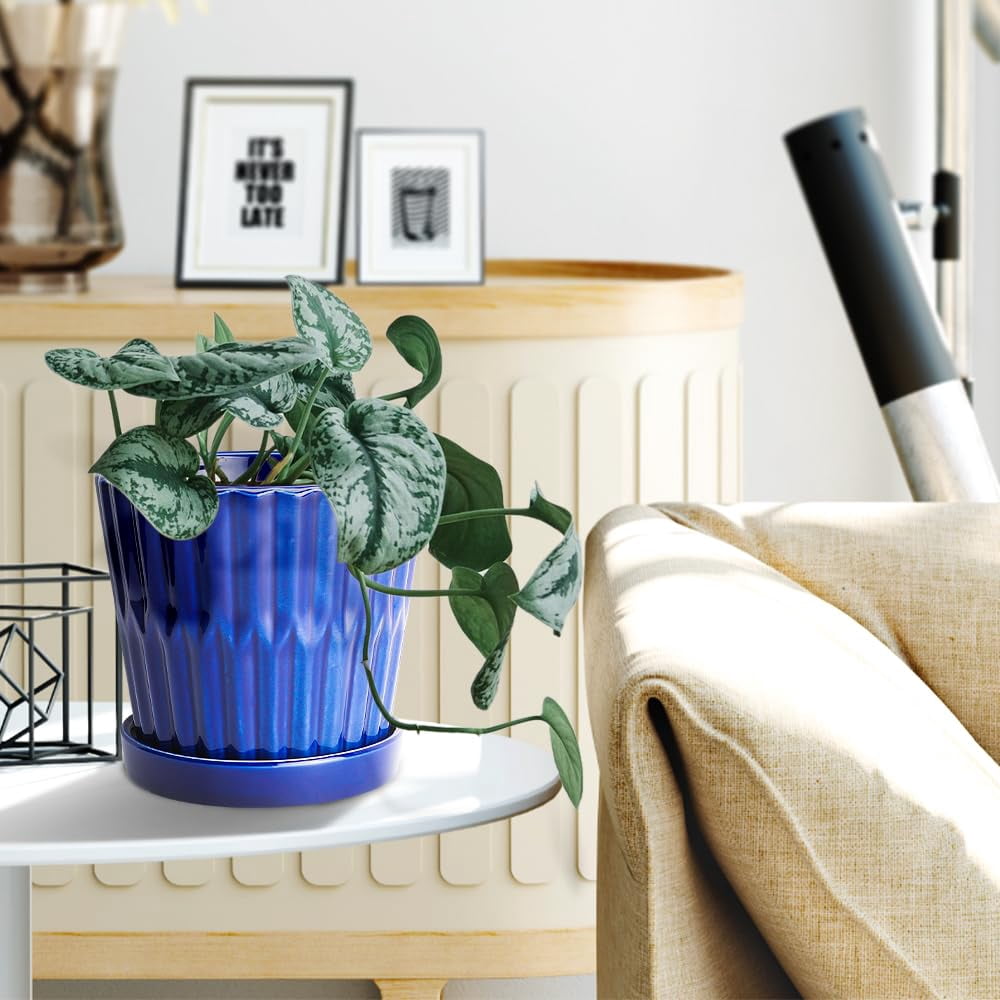 EFISPSS 6 Inch Pots for Indoor Plants, Ceramic Plant Pots, Planters with Drainage Hole and Saucer, Flower Pots Desktop Office Windowsill Decoration Gift Set of 2 - Blue