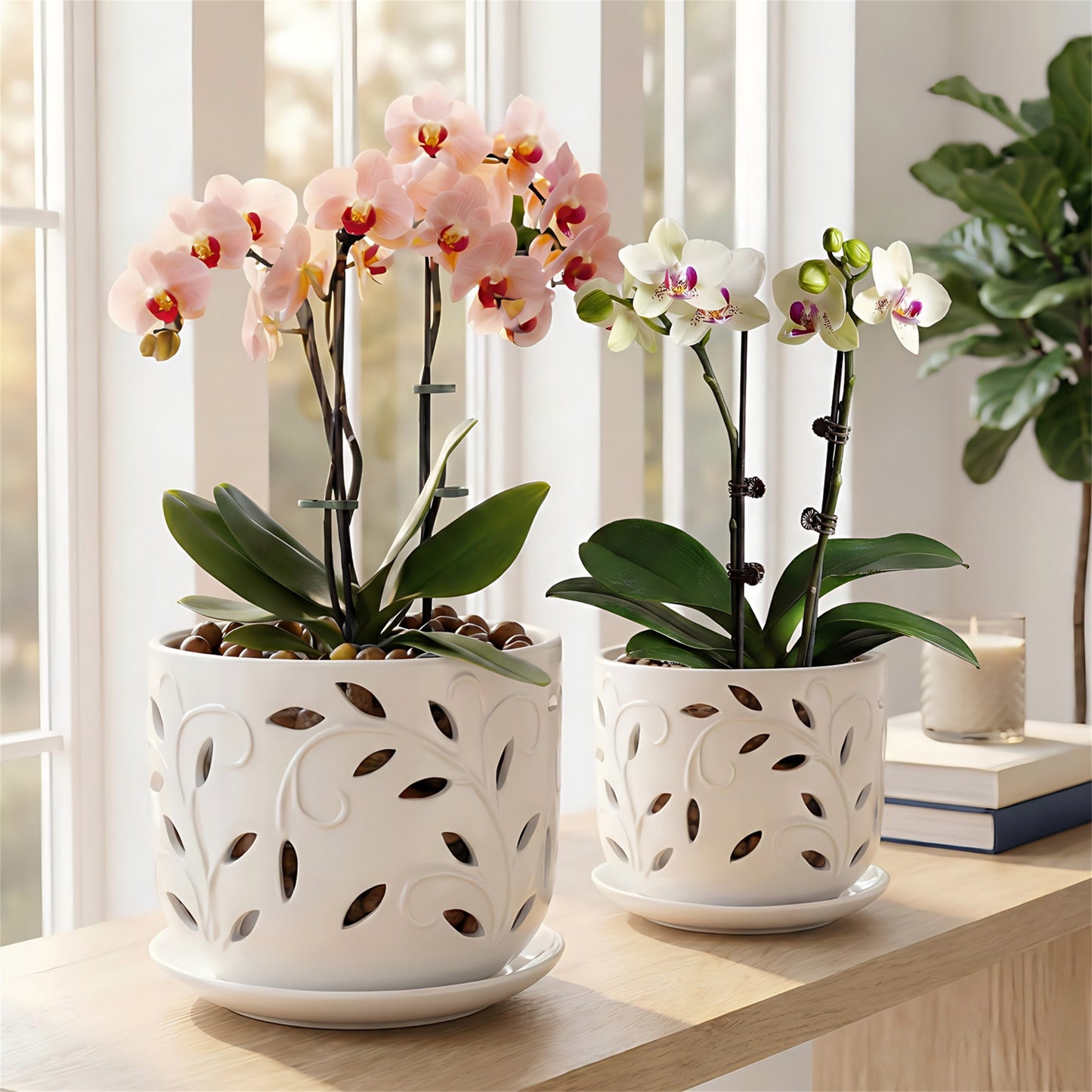 BUYMAX Ceramic Orchid Pots with Drainage Holes & Saucers, 5"+6" Set of 2