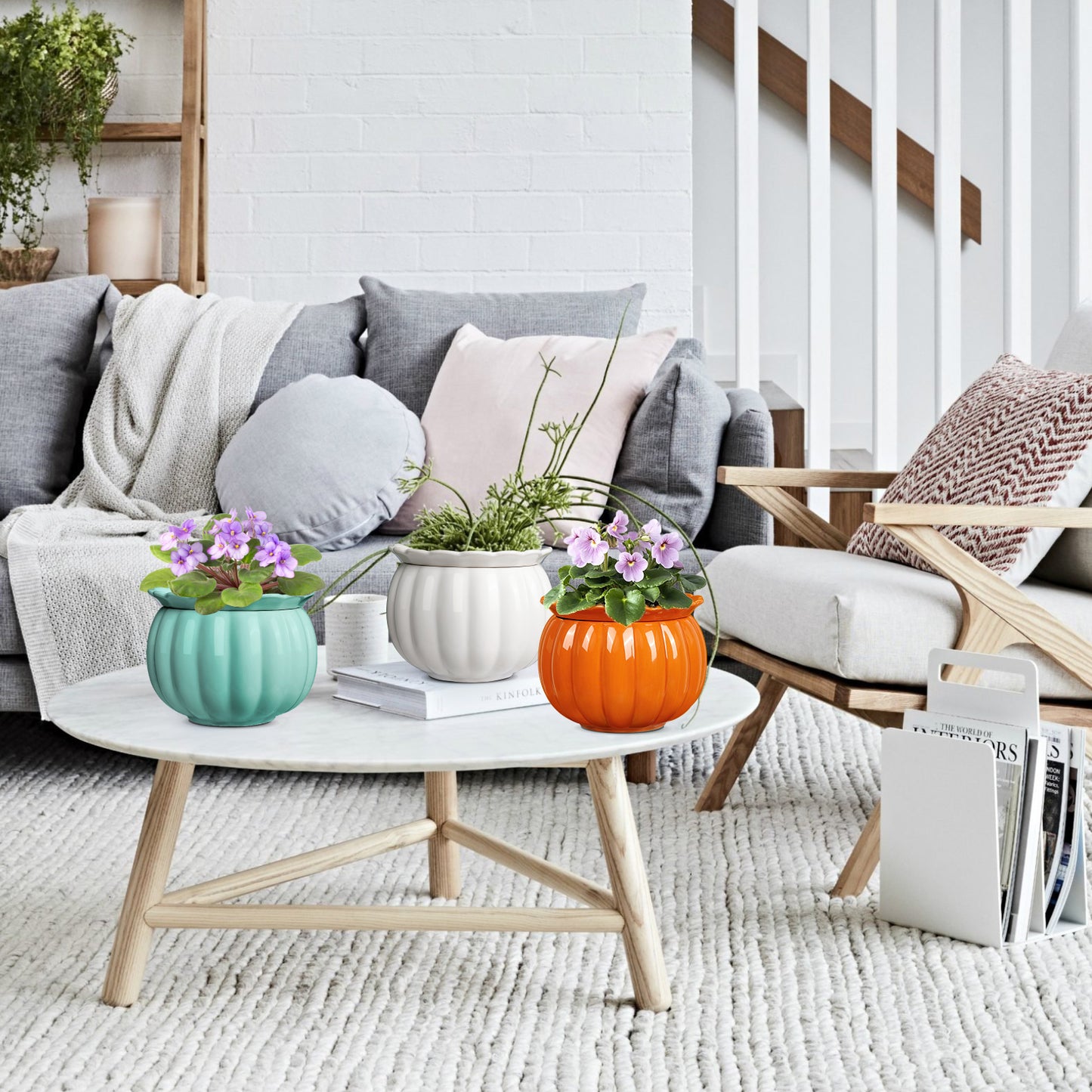 EFISPSS Pumpkin Shaped Orange Ceramic Self-Watering Pot | Cute Decorative Indoor Plant Container