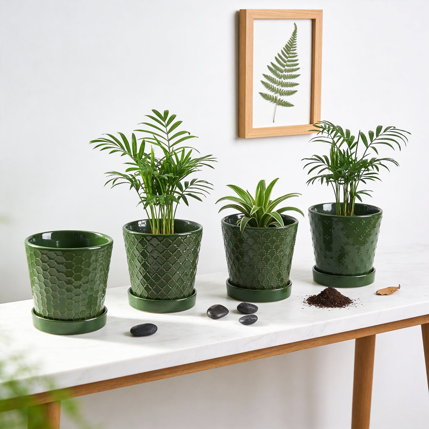 BUYMAX 5" Ceramic Indoor Plant Pots with Drainage & Tray | Relief Design, Set of 4