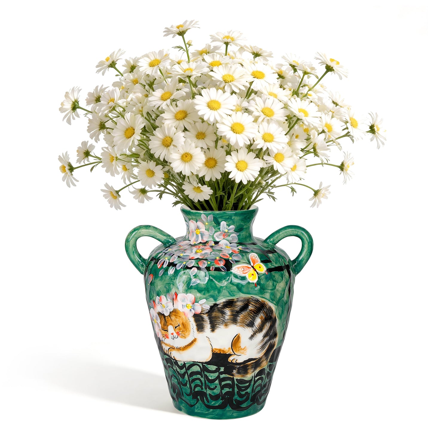 BUYMAX 10.5 Inch Ceramic Vase with Sleeping Tabby Cat & Wisteria Floral Design, Hand-Painted Green Decorative Flower Vase with Handles for Home Decor, Boho Table Centerpiece