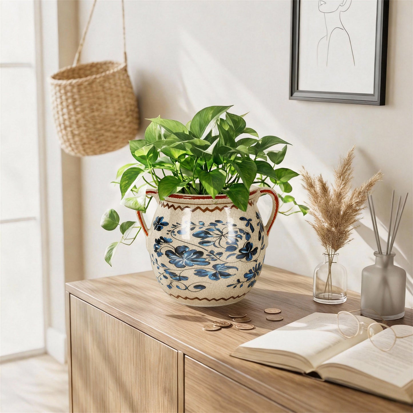 BUYMAX Vintage Blue Ceramic Flower Pot with Handles | Drainage Hole, Indoor Outdoor Farmhouse Decor