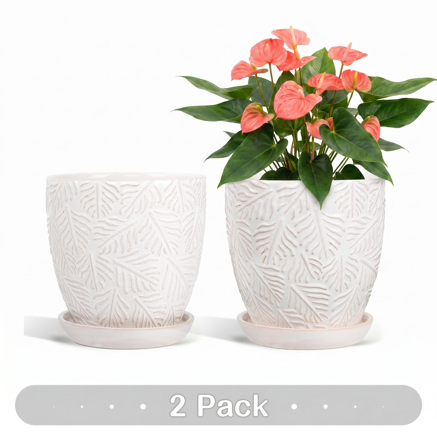 Ceramic Plant Pots, 6 inch Indoor Plant pots with Drainage Hole and Saucer, Flower Pots, Set of 2, Leaf Embossed Glaze