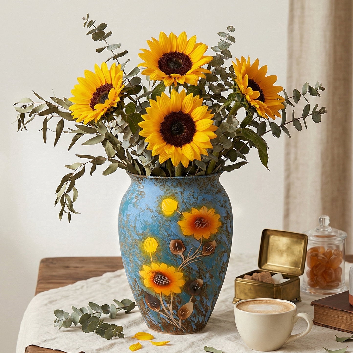 BUYMAX 10.5 Inch Ceramic Vase with Sleeping Tabby Cat & Wisteria Floral Design, Hand-Painted Green Decorative Flower Vase with Handles, Boho Table Centerpiece