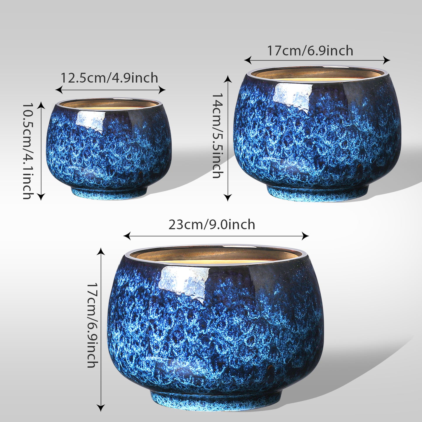 BUYMAX Ceramic Plant Pots , 10+8+6 inch Planters Pots for Indoor Outdoor Plants, Modern Large Flower Pots with Drainage Holes,Flower Pots for Home Garden Decor,Set of 3, Blue