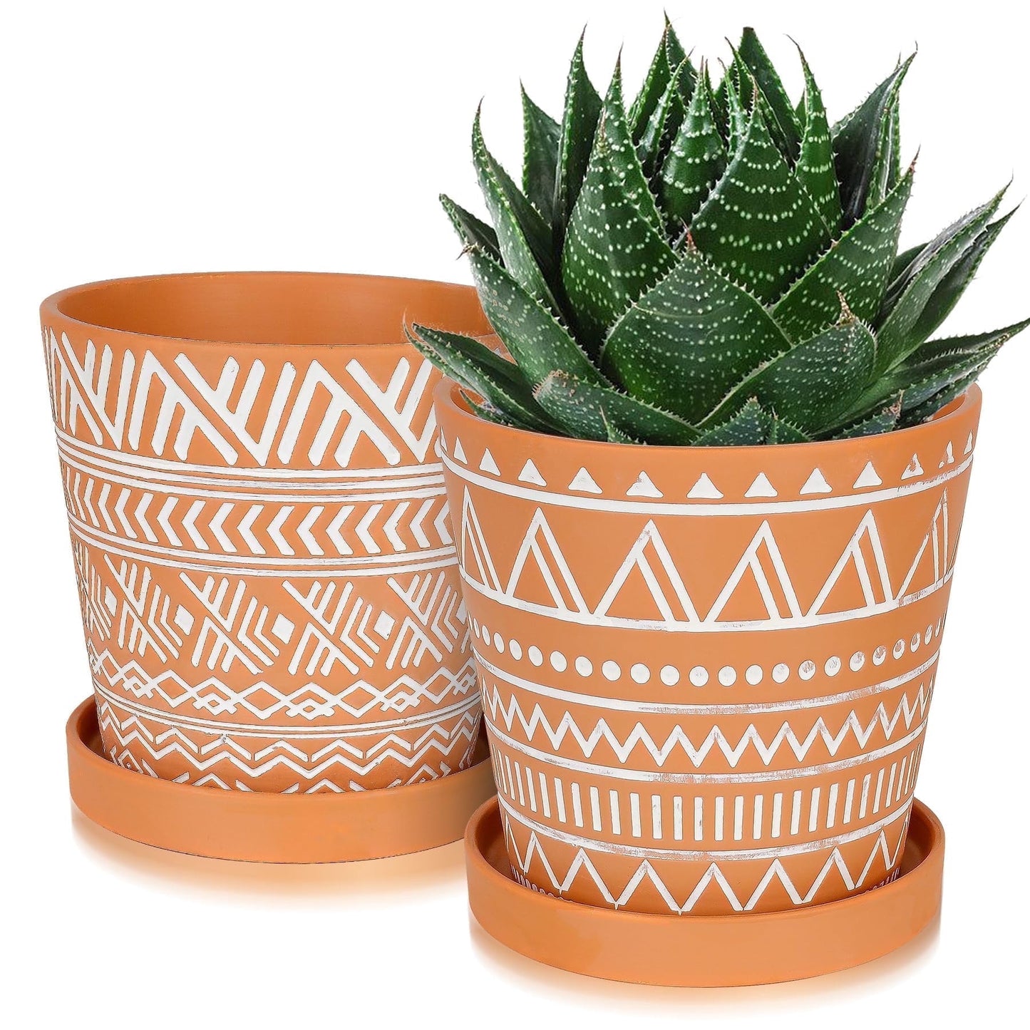 BUYMAX 6 inch Terracotta Pots with Drainage Hole & Saucer, Modern Geometric Planter Set of 2 in Terracotta Red- Boho Indoor Outdoor Flower Pots