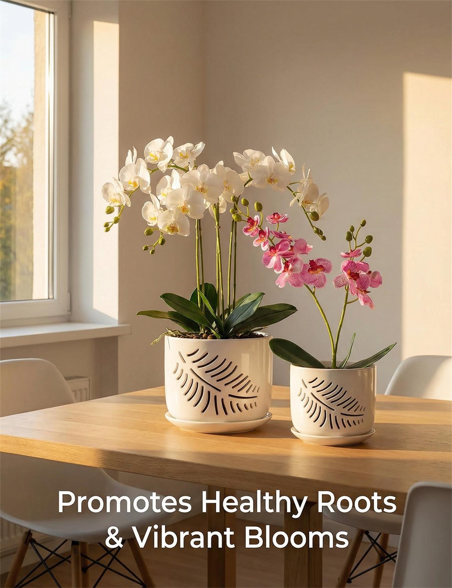 EFISPSS 5+6 Inch White Ceramic Orchid Pots with Drainage Holes & Tray | Promotes Air Circulation, Indoor Outdoor
