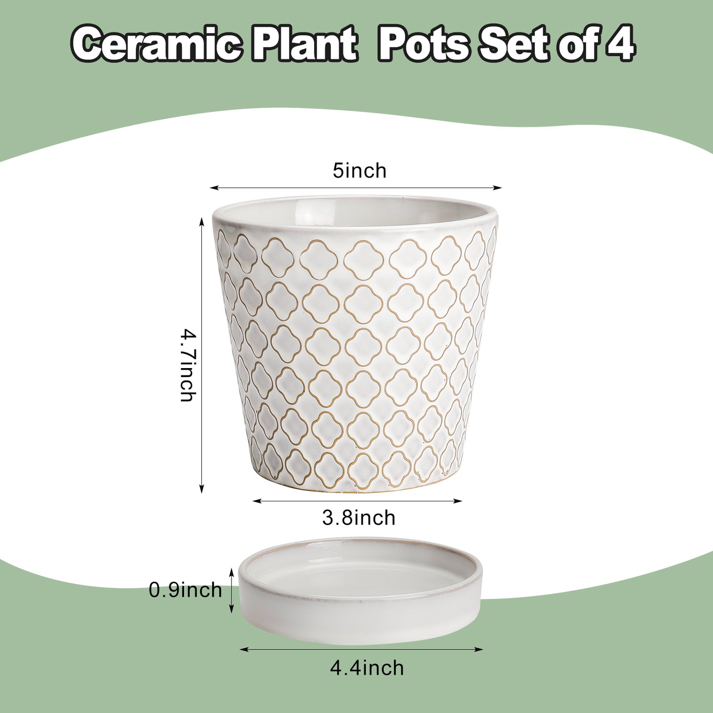 BUYMAX 5" Ceramic Indoor Plant Pots with Drainage & Tray | Relief Design, Set of 4