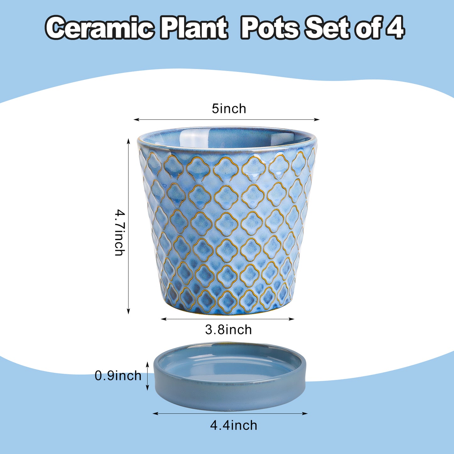 BUYMAX 5" Ceramic Indoor Plant Pots with Drainage & Tray | Relief Design, Set of 4