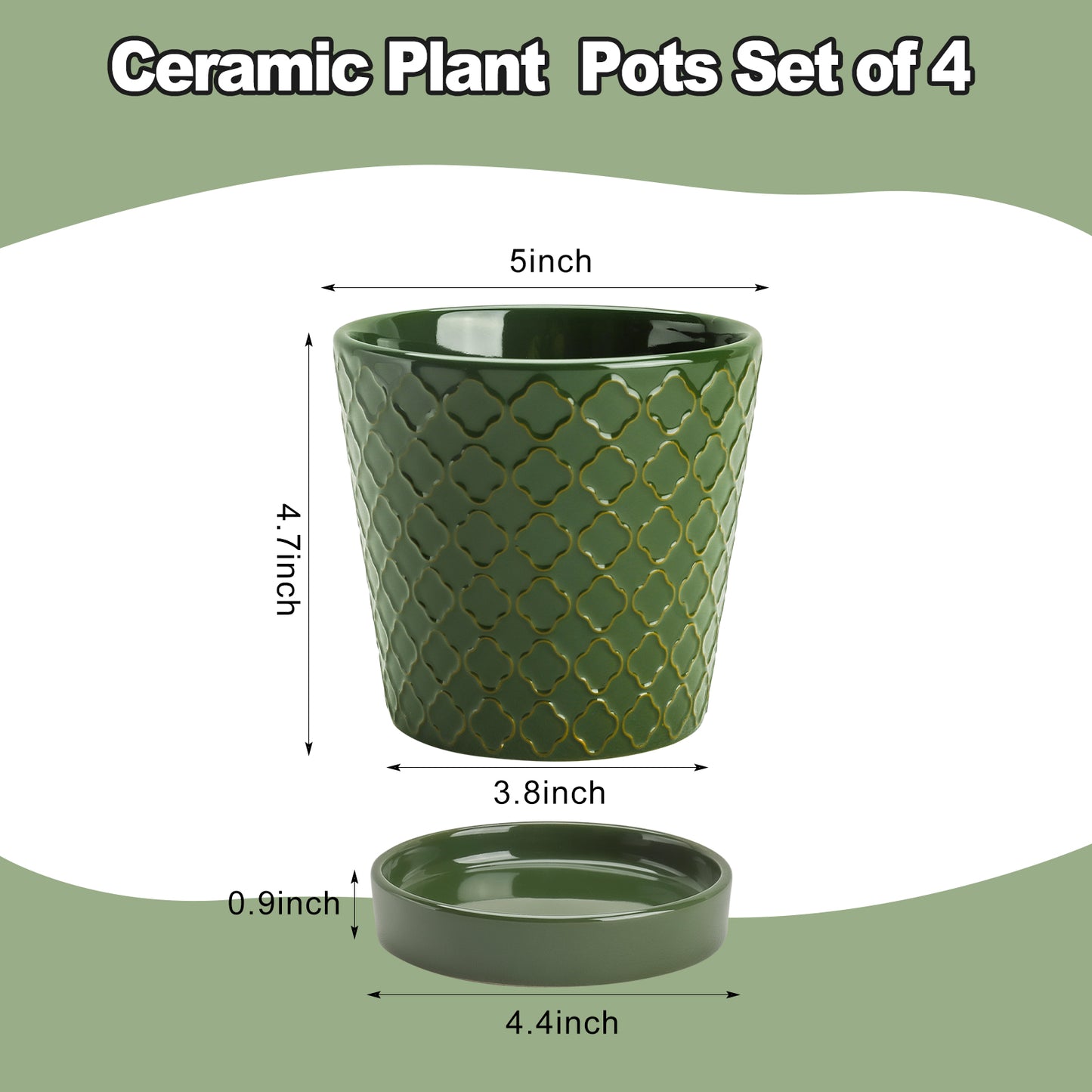 BUYMAX 5" Ceramic Indoor Plant Pots with Drainage & Tray | Relief Design, Set of 4