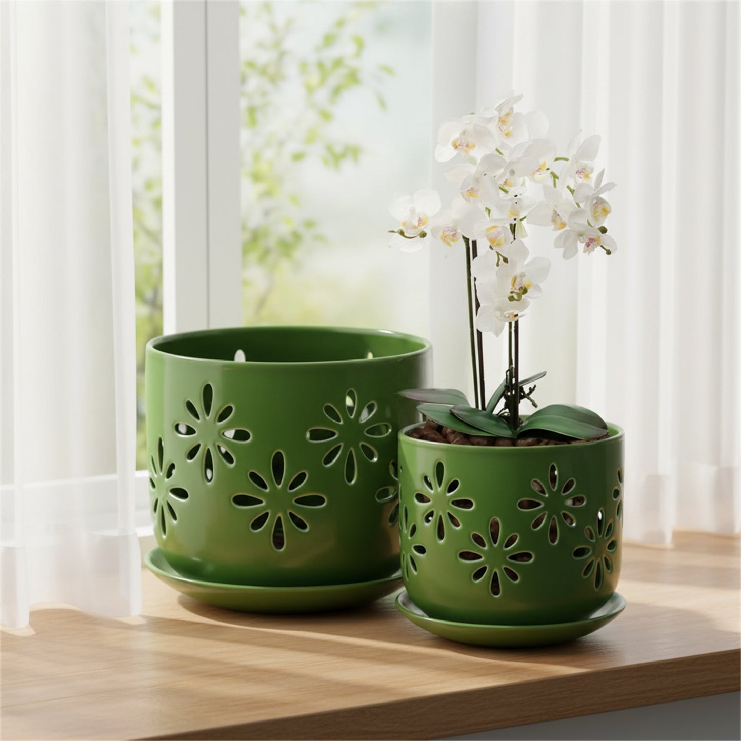 EFISPSS Small Orchid Pots with Holes 5+6 Inch | 2-Pack Breathable Slotted Ceramic Planter, Green