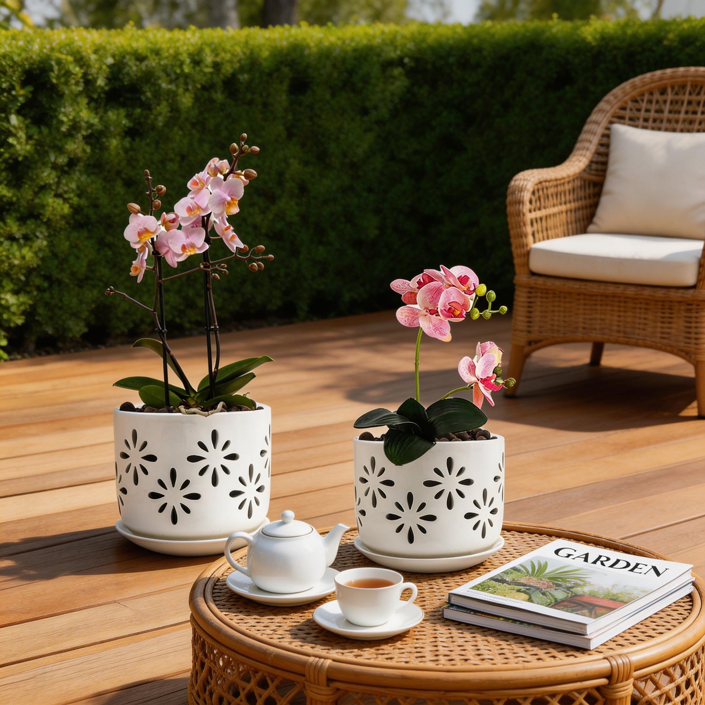 BUYMAX Small Orchid Pots with Holes 5+6 Inch | 2-Pack Breathable Slotted Ceramic Planter, White