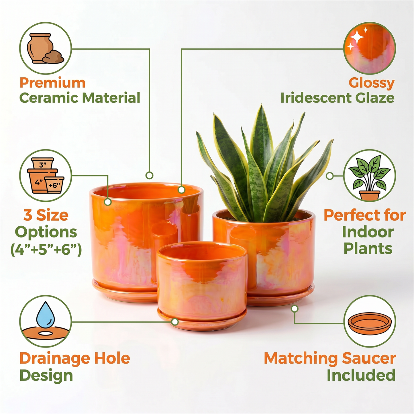 BUYMAX Plant Pots, 4+5+6 inch Pots for Indoor Plants,Ceramic Planter Pot with Drainage Hole,Flower Pots for Succulent Cactus,Set of 3 - Rainbow Pearl Glaze Orange