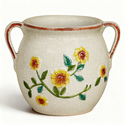 BUYMAX 6" Vintage Ceramic Flower Pot with Relief Design & Handles