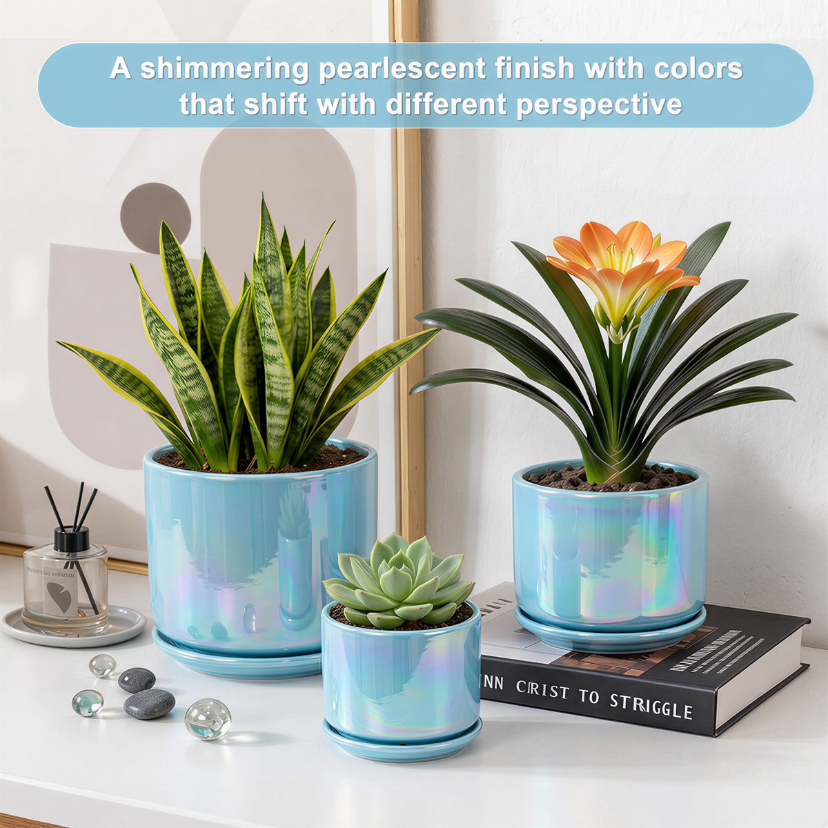 BUYMAX  Plant Pots, 4+5+6 Inch Pots for Indoor Plants,Ceramic Planter Pot with Drainage Hole,Flower Pots for Succulent Cactus,Set of 3 - Rainbow Pearl Glaze Blue