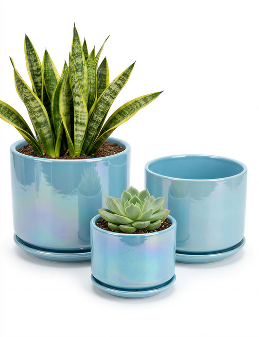 BUYMAX  Plant Pots, 4+5+6 Inch Pots for Indoor Plants,Ceramic Planter Pot with Drainage Hole,Flower Pots for Succulent Cactus,Set of 3 - Rainbow Pearl Glaze Blue