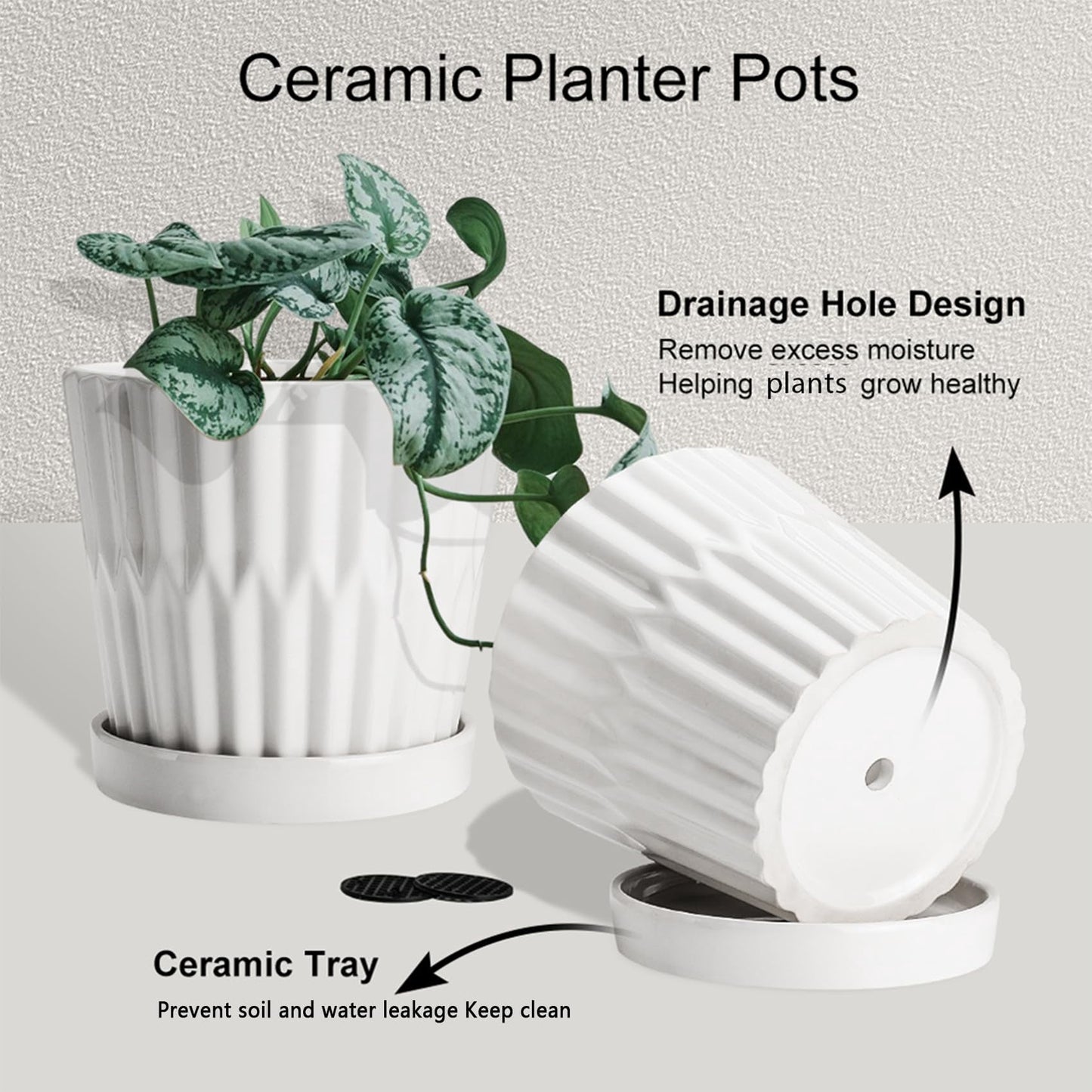 EFISPSS 6 Inch Pots for Indoor Plants,Ceramic Plant Pots,Planters with Drainage Hole and Saucer, Flower Pots Desktop Office Windowsill Decoration Gift Set of 2 - White