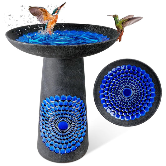 BUYMAX 21.5 Inch Outdoor Ceramic Weatherproof Bird Bath- Kiln Glazed Blue