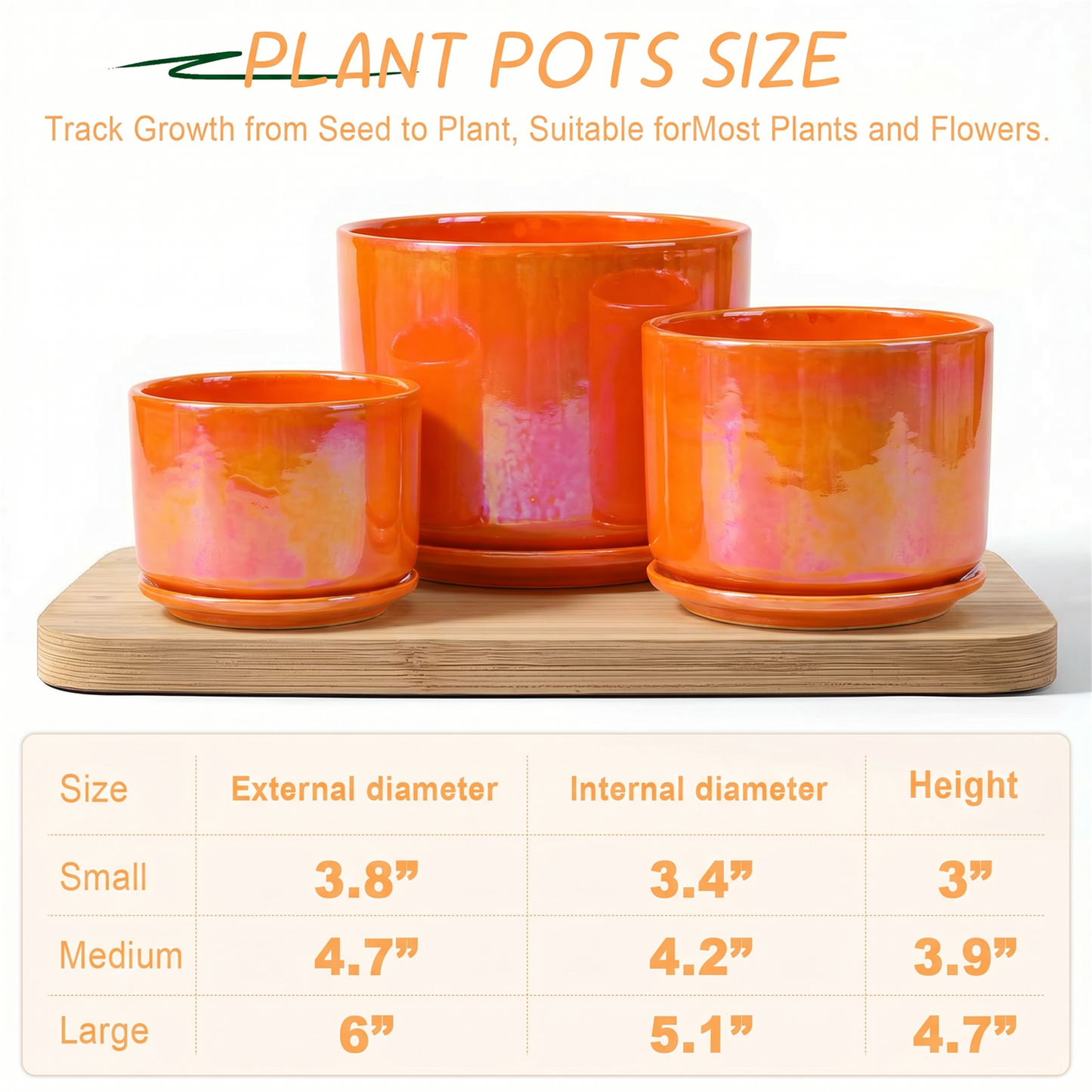 BUYMAX Plant Pots, 4+5+6 inch Pots for Indoor Plants,Ceramic Planter Pot with Drainage Hole,Flower Pots for Succulent Cactus,Set of 3 - Rainbow Pearl Glaze Orange
