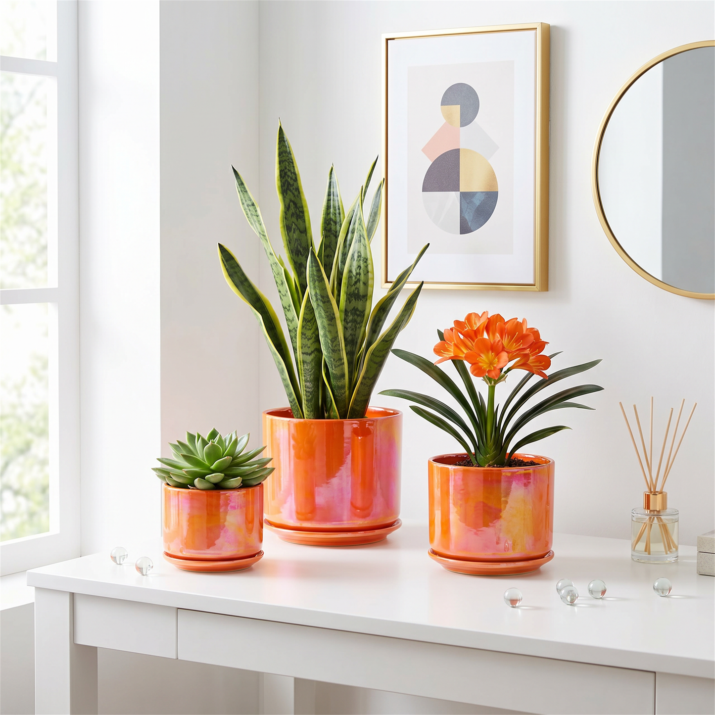 BUYMAX Plant Pots, 4+5+6 inch Pots for Indoor Plants,Ceramic Planter Pot with Drainage Hole,Flower Pots for Succulent Cactus,Set of 3 - Rainbow Pearl Glaze Orange