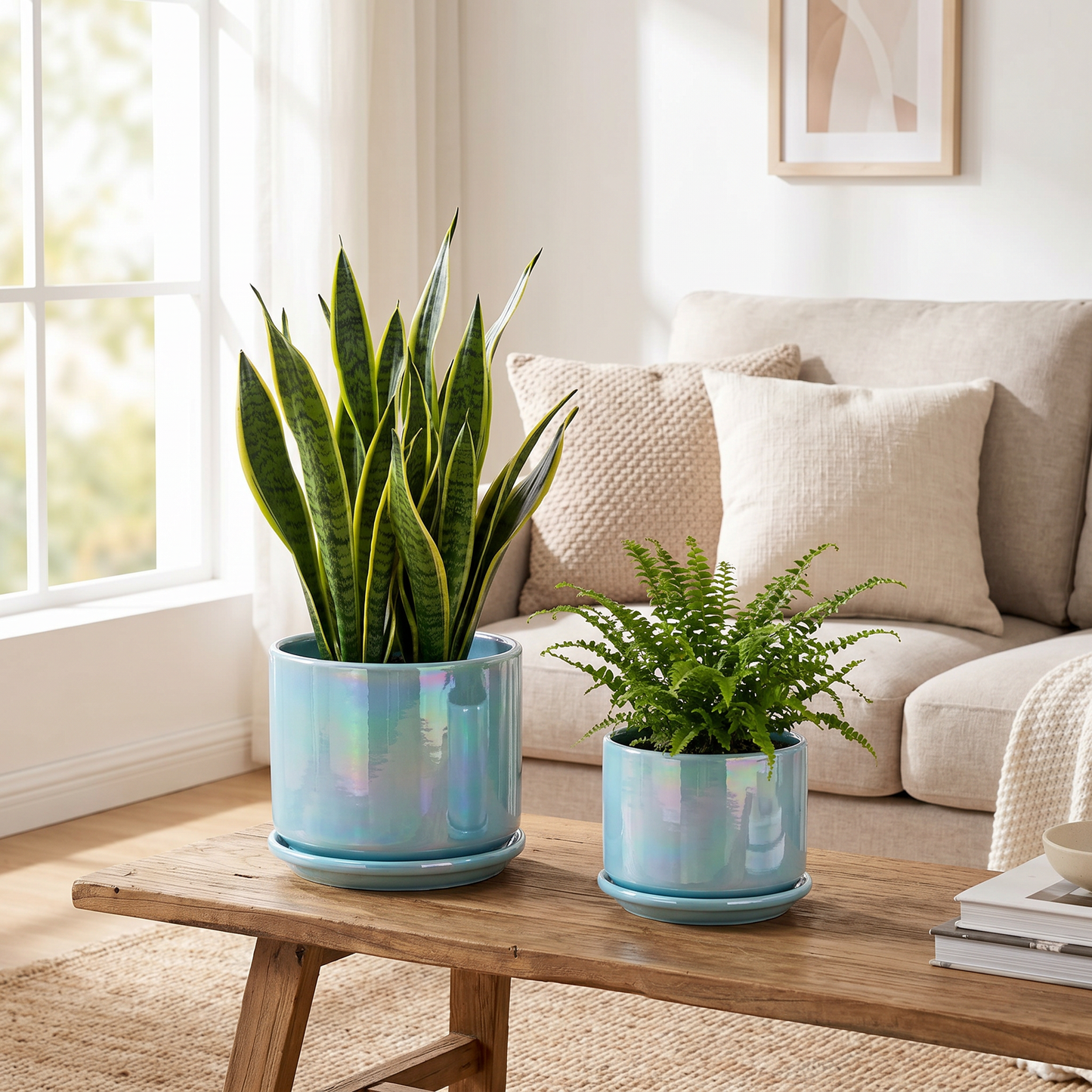 BUYMAX  Plant Pots, 4+5+6 Inch Pots for Indoor Plants,Ceramic Planter Pot with Drainage Hole,Flower Pots for Succulent Cactus,Set of 3 - Rainbow Pearl Glaze Blue