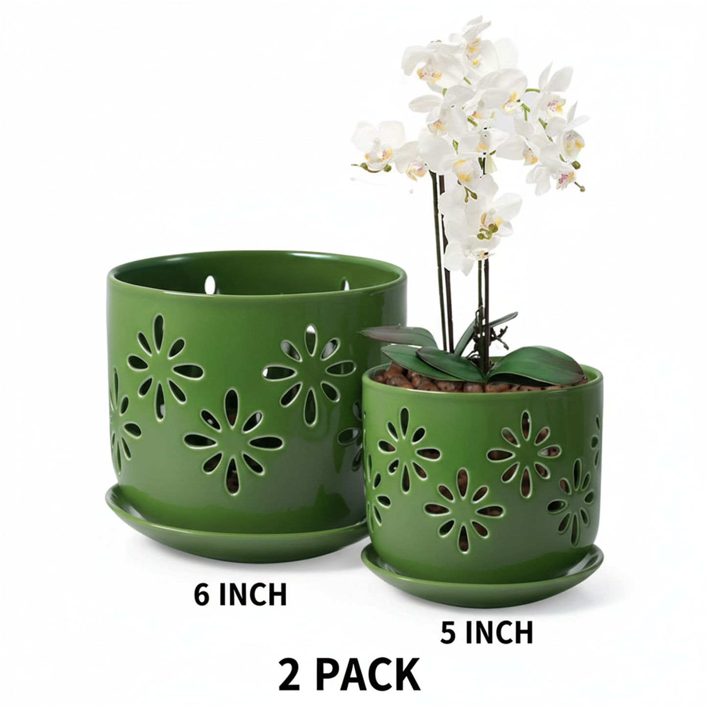 EFISPSS Small Orchid Pots with Holes 5+6 Inch | 2-Pack Breathable Slotted Ceramic Planter, Green