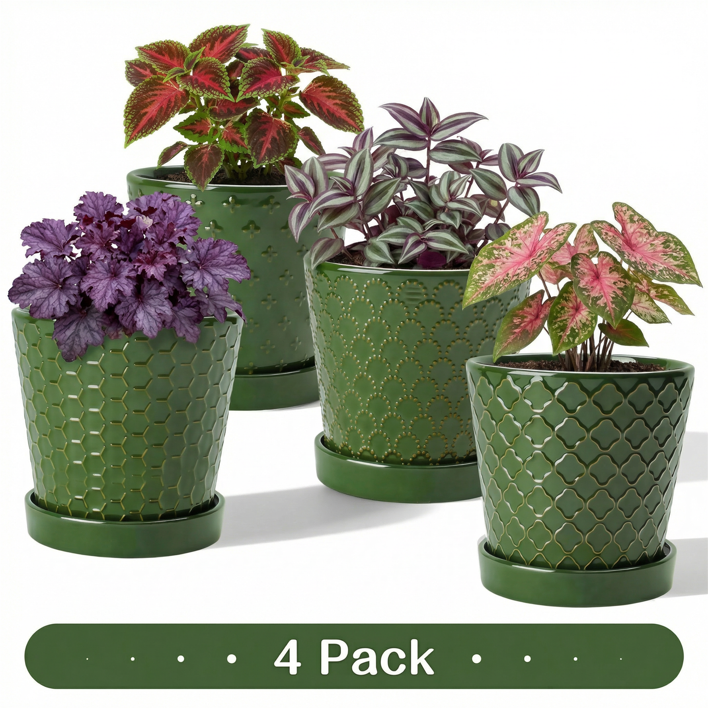 EFISPSS 5 Inch White Ceramic Plant Pots with Drainage Holes & Tray, Relief Design, Set of 4 – Indoor Flower Pots for Desktop, Office & Windowsill