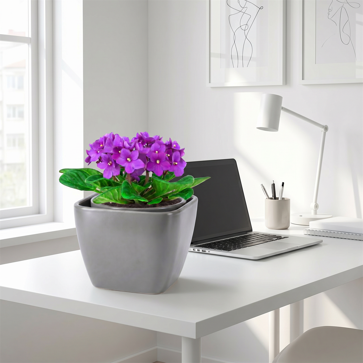 EFISPSS 6 Inch Square Ceramic Self-Watering Plant Pot | Gray Indoor Outdoor Decorative Flower Pot