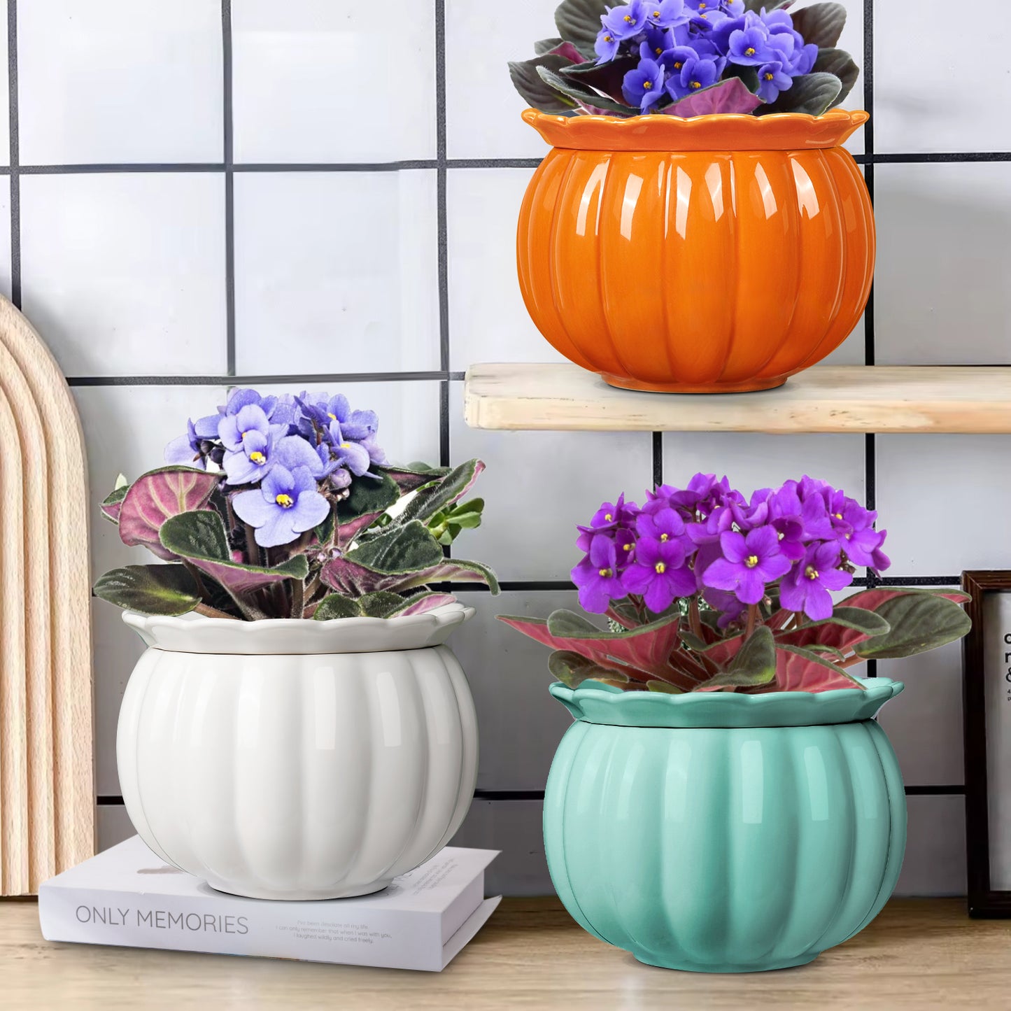 EFISPSS Pumpkin Shaped Orange Ceramic Self-Watering Pot | Cute Decorative Indoor Plant Container