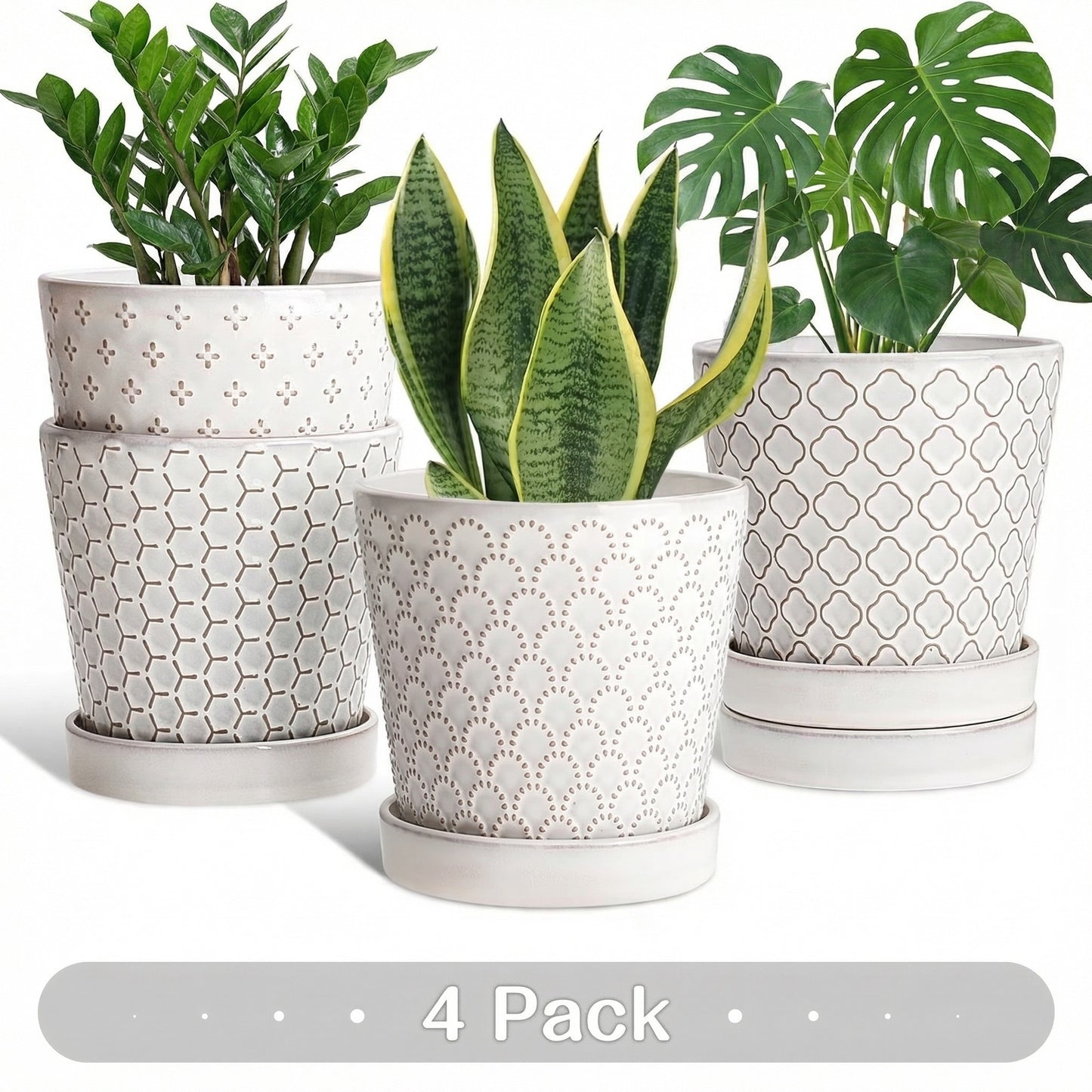 BUYMAX 5" Ceramic Indoor Plant Pots with Drainage & Tray | Relief Design, Set of 4