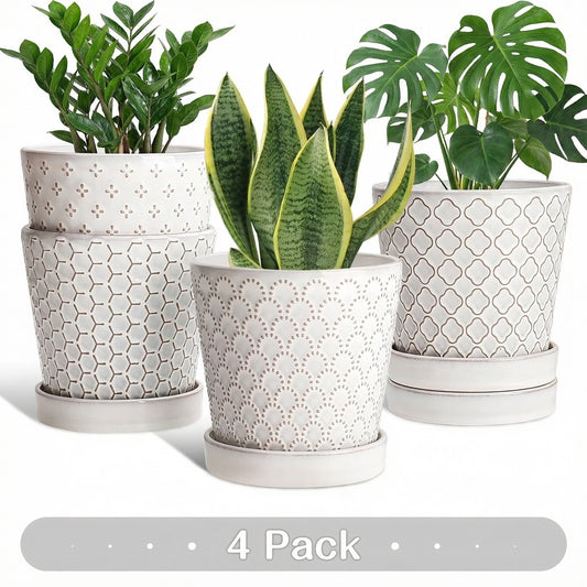 BUYMAX 5" Ceramic Indoor Plant Pots with Drainage & Tray | Relief Design, Set of 4
