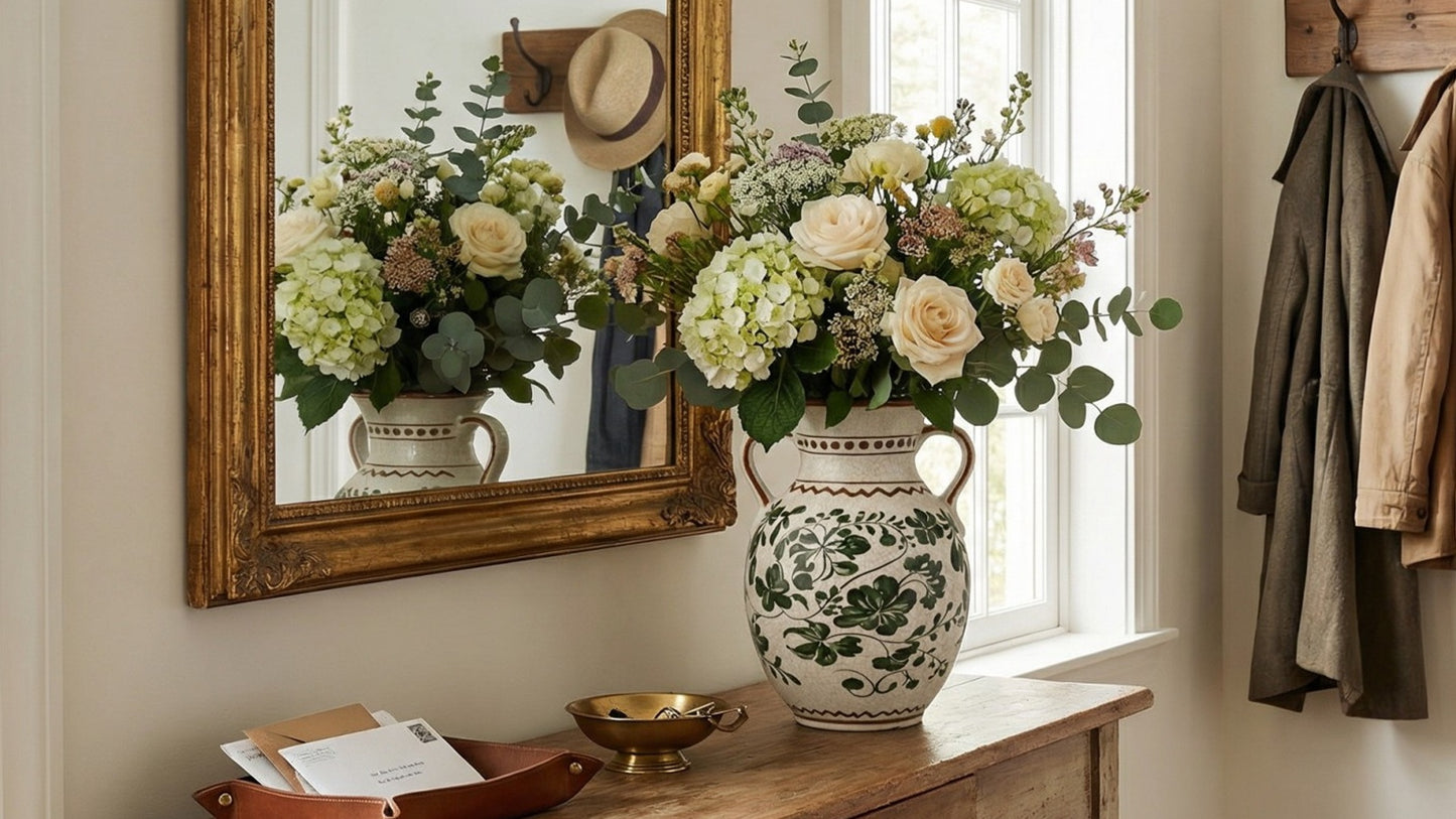 BUYMAX Sage Green Decorative Vase, Vintage Handle Vase for Pampas Grass, Ceramic Table Vase Centerpiece