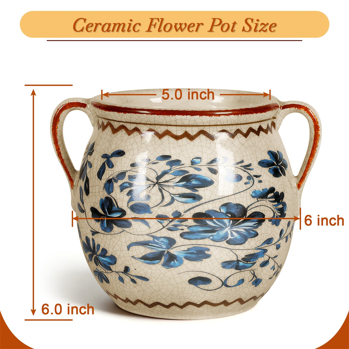 BUYMAX Vintage Blue Ceramic Flower Pot with Handles | Drainage Hole, Indoor Outdoor Farmhouse Decor
