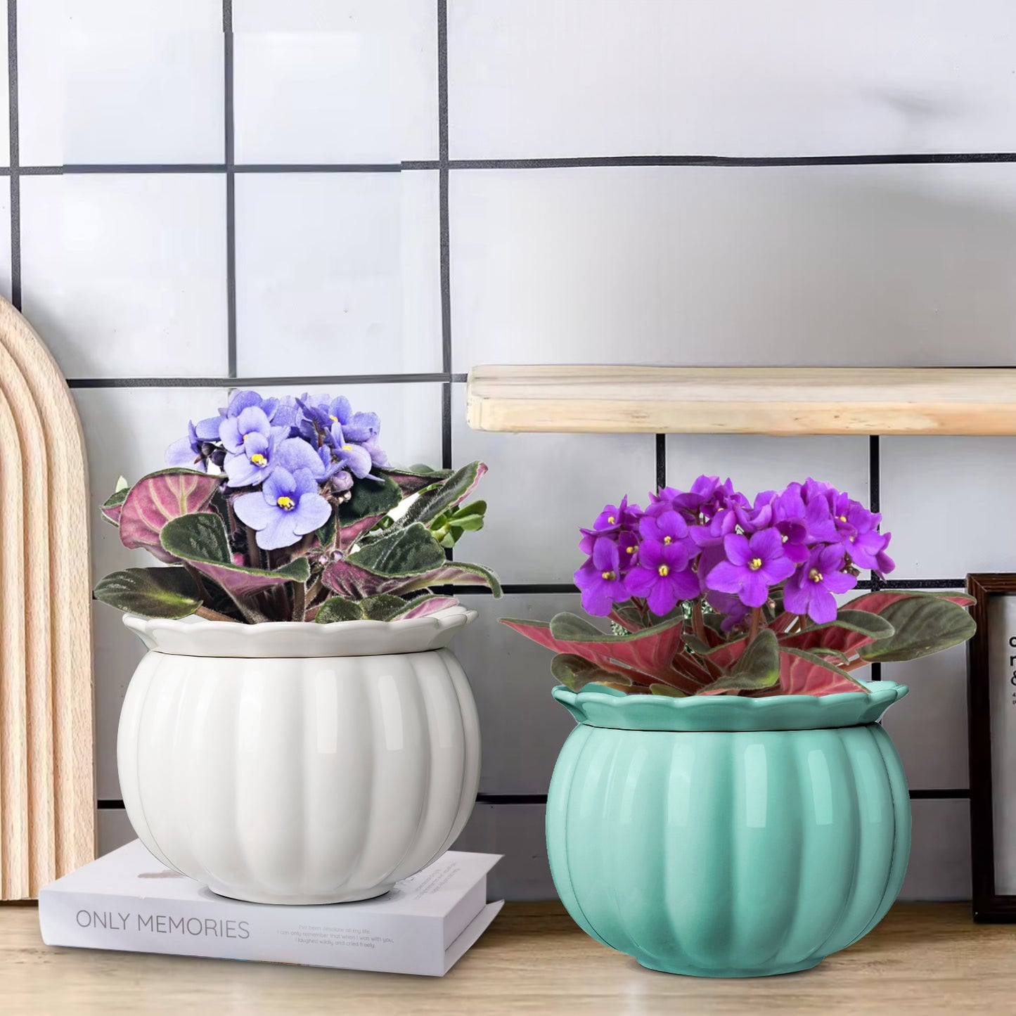 EFISPSS 6 Inch Pumpkin Shaped Sage Green Ceramic Self-Watering Pot | Ribbed Textured Indoor Planter