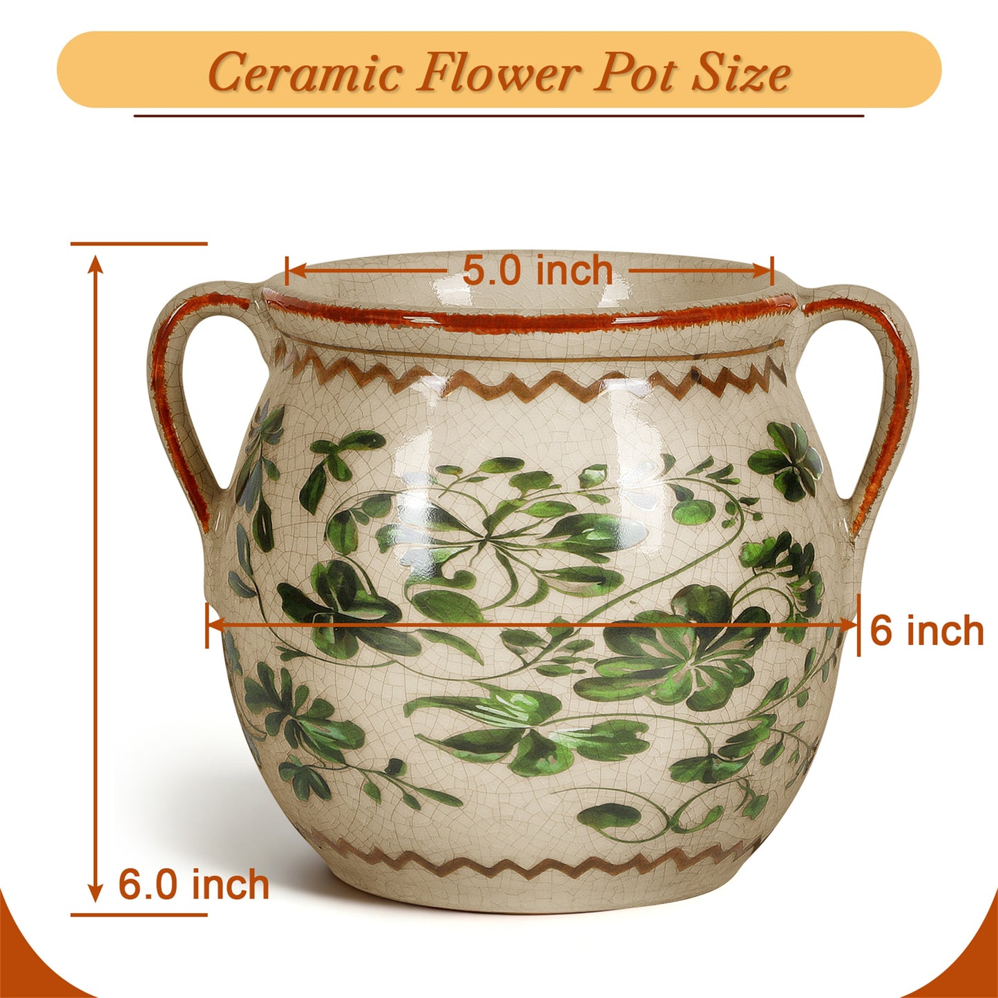 BUYMAX Sage Green Ceramic Plant Pot, Vintage Two-Handle Flower Pot with Drainage Hole for Herbs & Succulents, Indoor Outdoor Farmhouse Decor