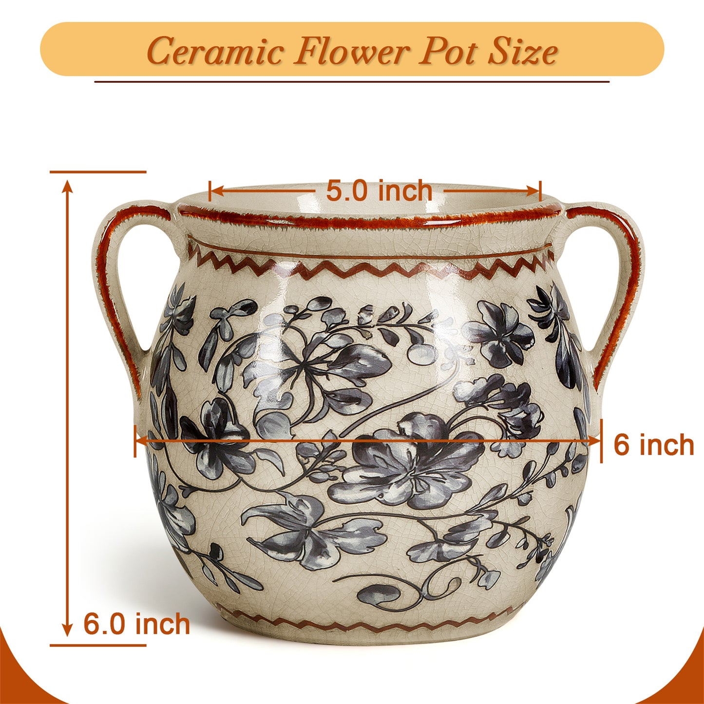 BUYMAX Slate Gray Retro Planter with Handles, Ceramic Flower Pot with Drainage Hole, Modern Vintage Indoor Outdoor Decorative Pot