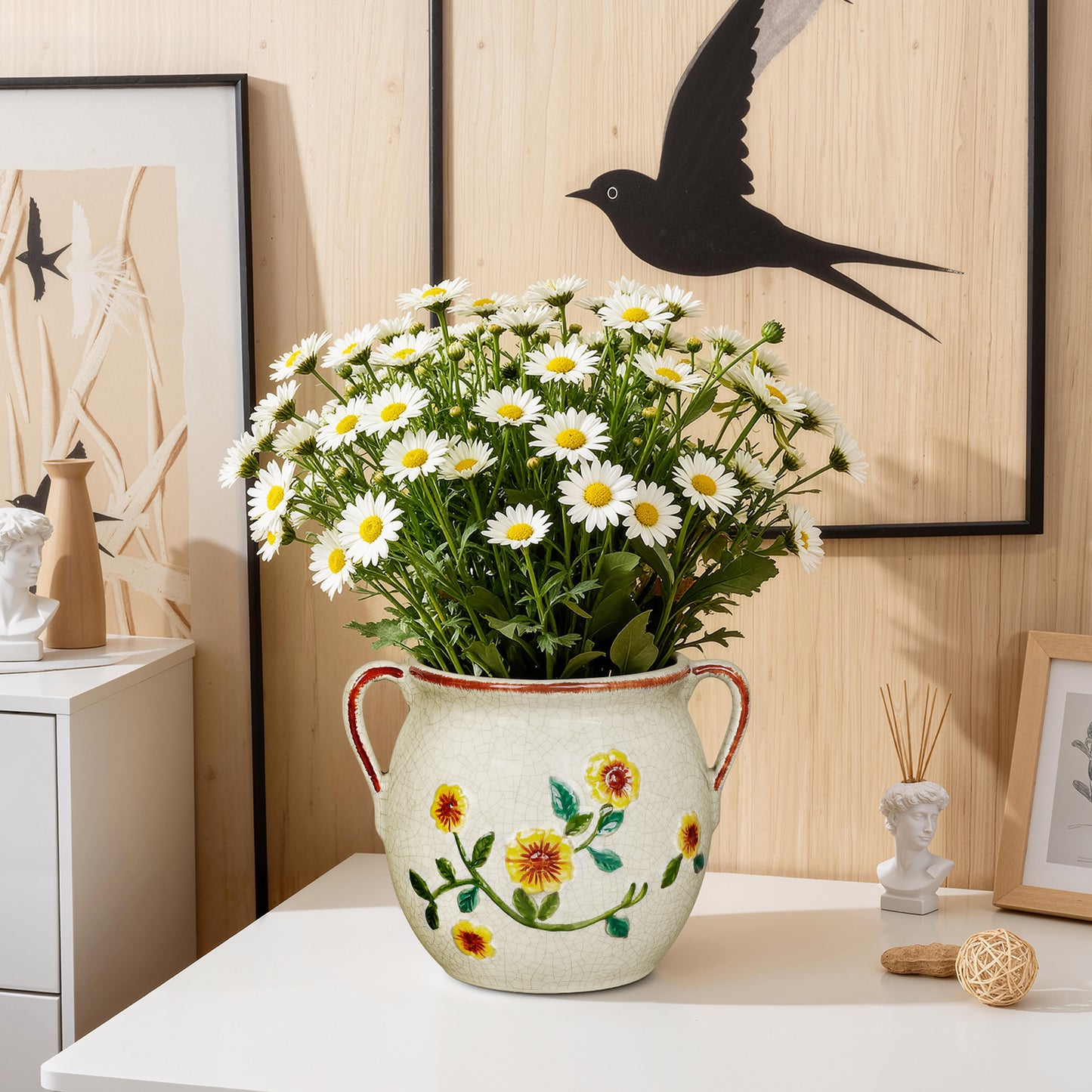 EFISPSS 6" Vintage Ceramic Flower Pot with Relief Design & Handles