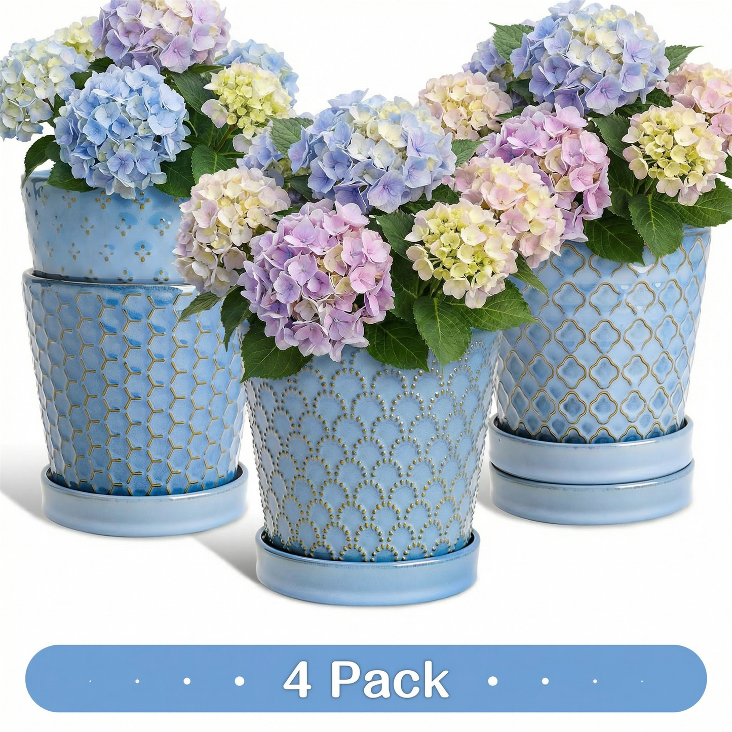 BUYMAX 5" Ceramic Indoor Plant Pots with Drainage & Tray | Relief Design, Set of 4