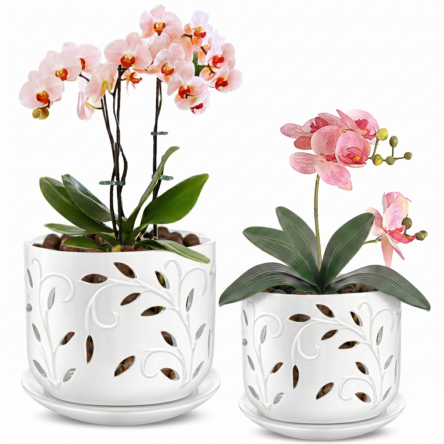 BUYMAX Ceramic Orchid Pots with Drainage Holes & Saucers, 5"+6" Set of 2