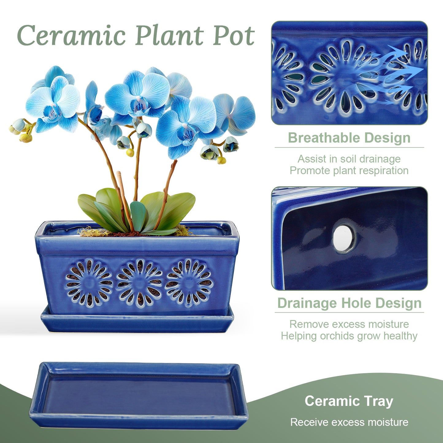 Ceramic Orchid Pot, 10 Inch Orchid Pots with Holes, Premium Thickened Handmade Glazed Pot for Orchidaceae Plants, Indoor Outdoor Decorative Flower Pots for Easy Repotting