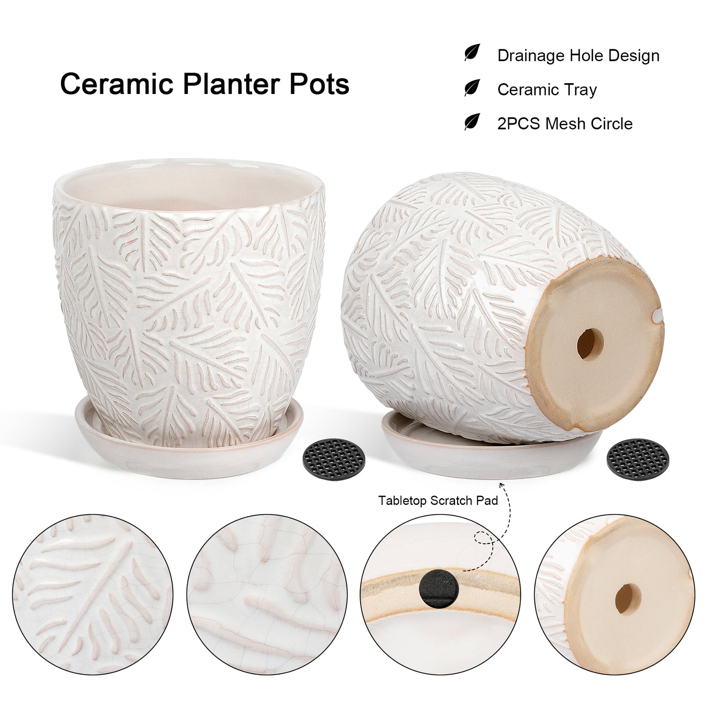 Ceramic Plant Pots, 6 inch Indoor Plant pots with Drainage Hole and Saucer, Flower Pots, Set of 2, Leaf Embossed Glaze