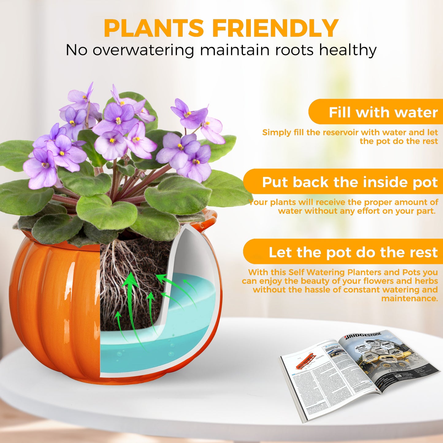 EFISPSS Pumpkin Shaped Orange Ceramic Self-Watering Pot | Cute Decorative Indoor Plant Container