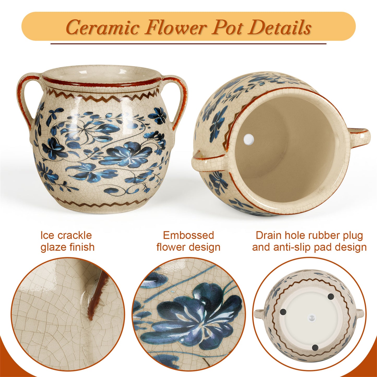 BUYMAX Vintage Blue Ceramic Flower Pot with Handles | Drainage Hole, Indoor Outdoor Farmhouse Decor