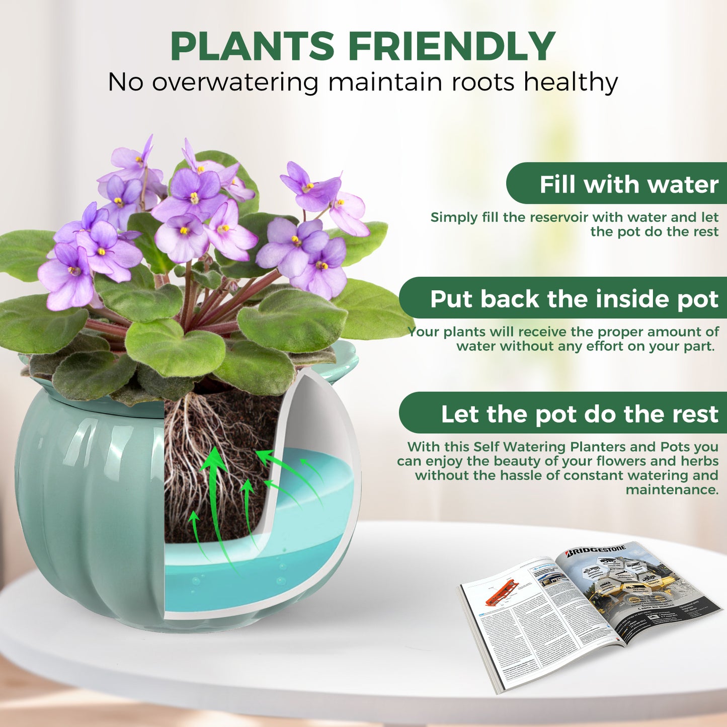 EFISPSS 6 Inch Pumpkin Shaped Sage Green Ceramic Self-Watering Pot | Ribbed Textured Indoor Planter