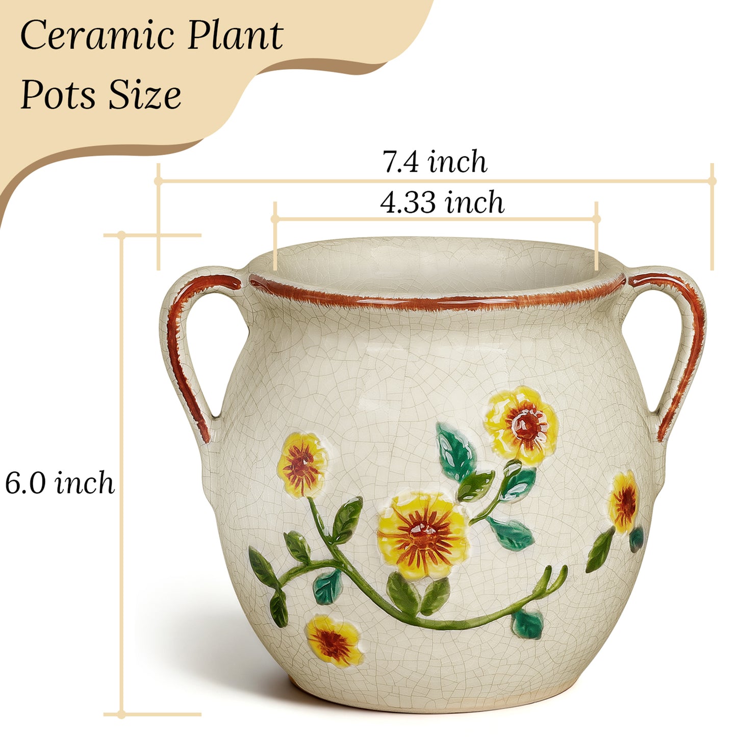 EFISPSS 6" Vintage Ceramic Flower Pot with Relief Design & Handles
