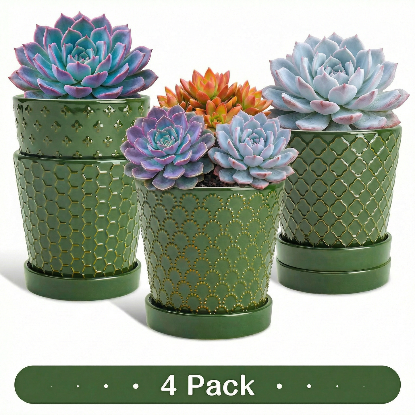 BUYMAX 5" Ceramic Indoor Plant Pots with Drainage & Tray | Relief Design, Set of 4