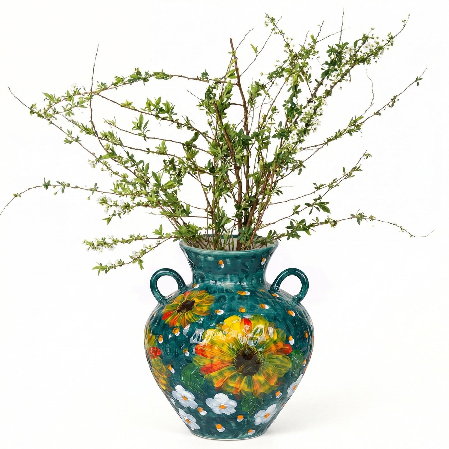 BUYMAX 10 Inch Ceramic Vase with Sunflower & Daisy Design, Hand-Painted Decorative Flower Vase with Handles, Rustic Farmhouse Table Centerpiece
