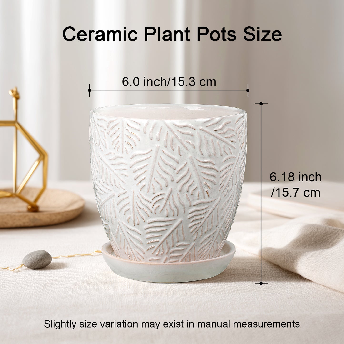 Ceramic Plant Pots, 6 inch Indoor Plant pots with Drainage Hole and Saucer, Flower Pots, Set of 2, Leaf Embossed Glaze