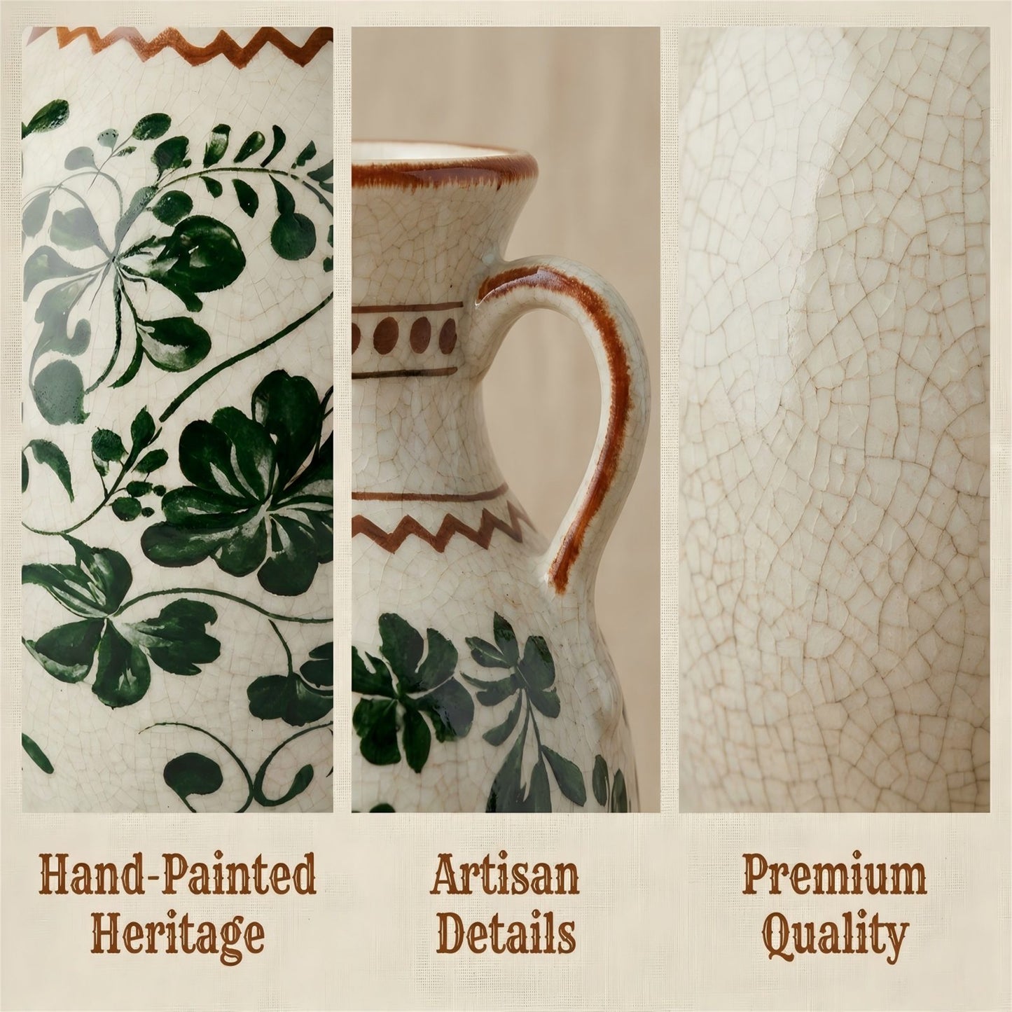 BUYMAX Sage Green Decorative Vase, Vintage Handle Vase for Pampas Grass, Ceramic Table Vase Centerpiece